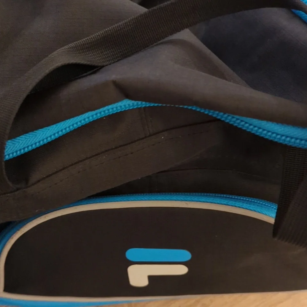 FILA Duffle Sports Gym Travel Bag Black Royal Blue Pockets Compartments Straps